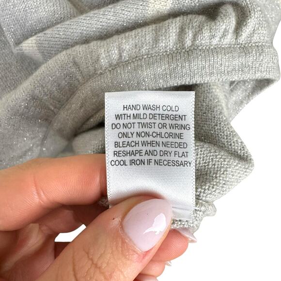 Beyond Vintage Gray Knit White Stripe Silver Sparkle Short Dolman Sleeve Sweater - Picture 12 of 12